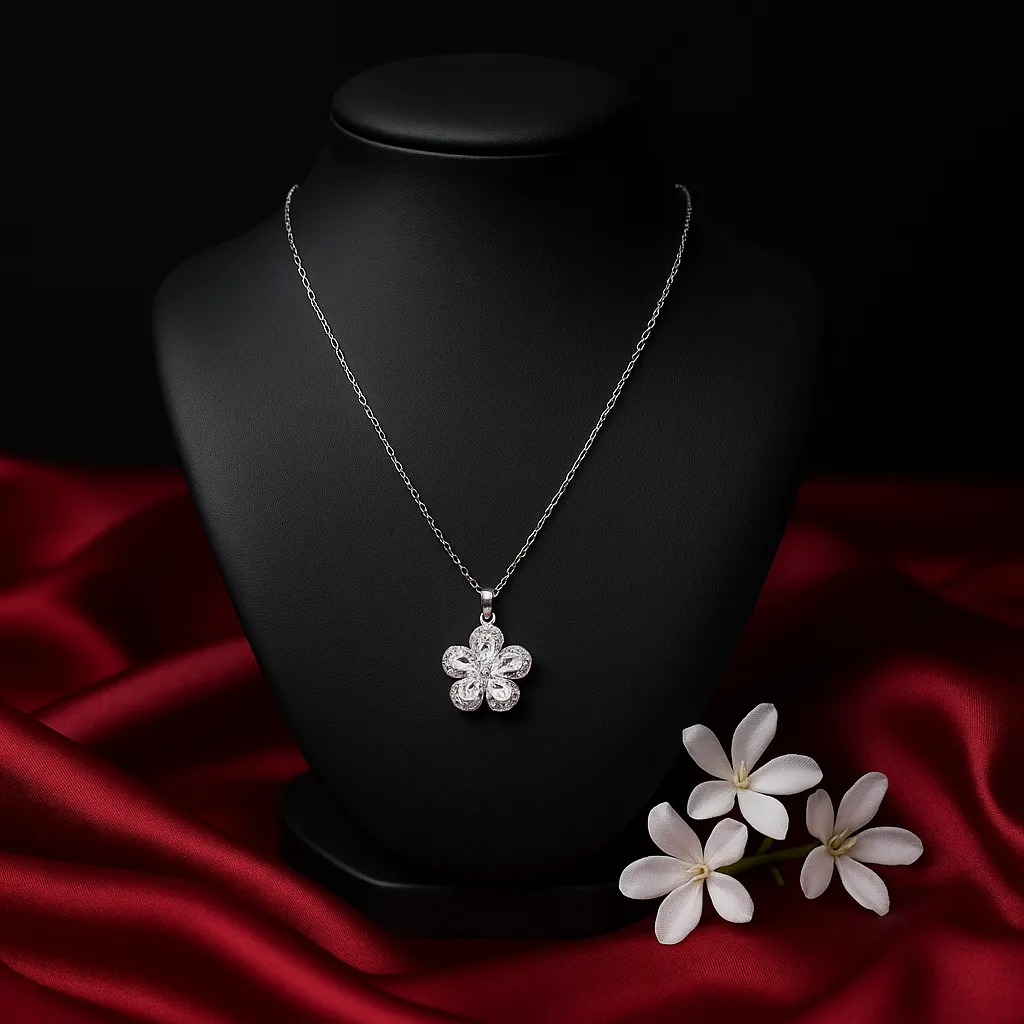 Silver Floral Stone Pendant Necklace