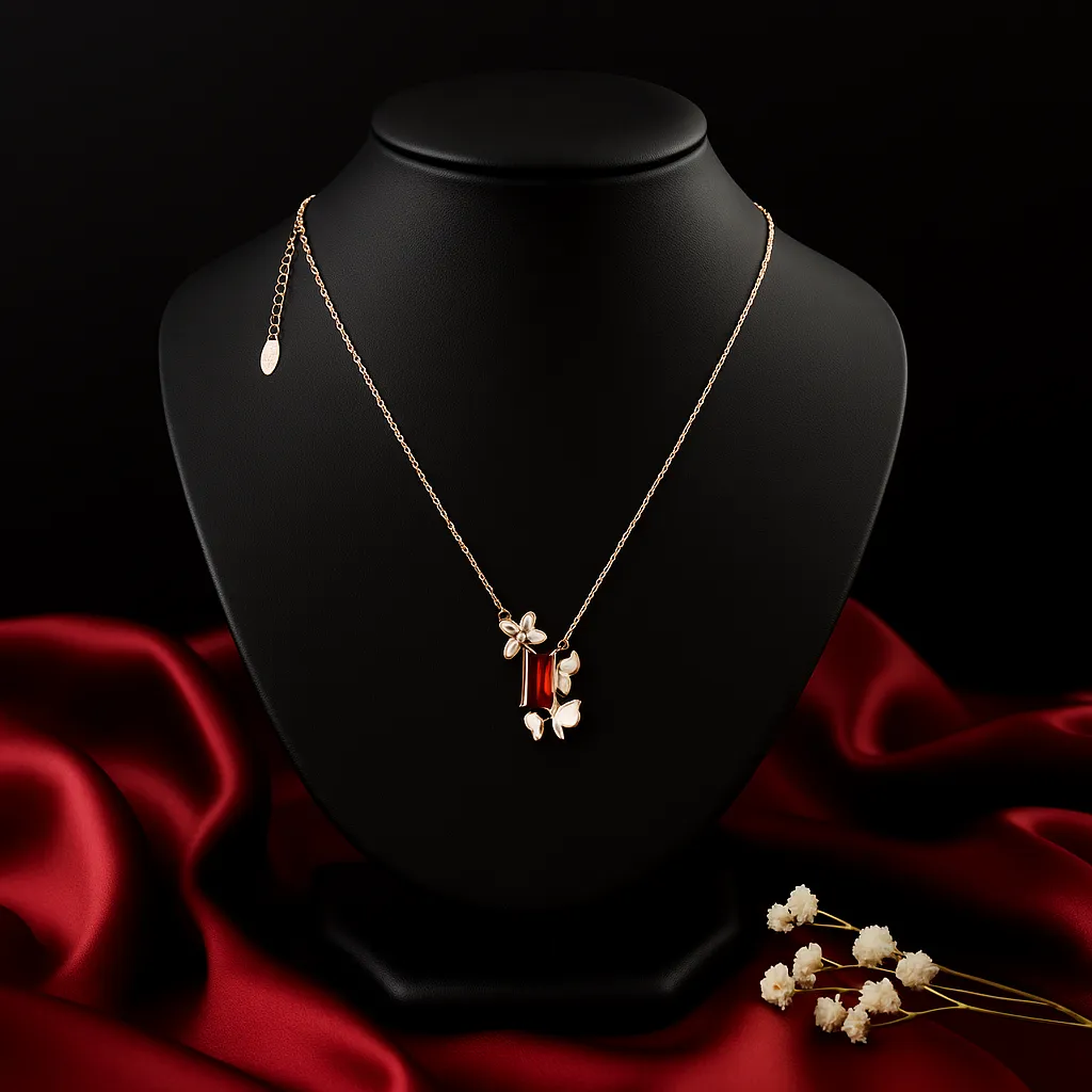 Red Gem Floral Cluster Pendant Necklace