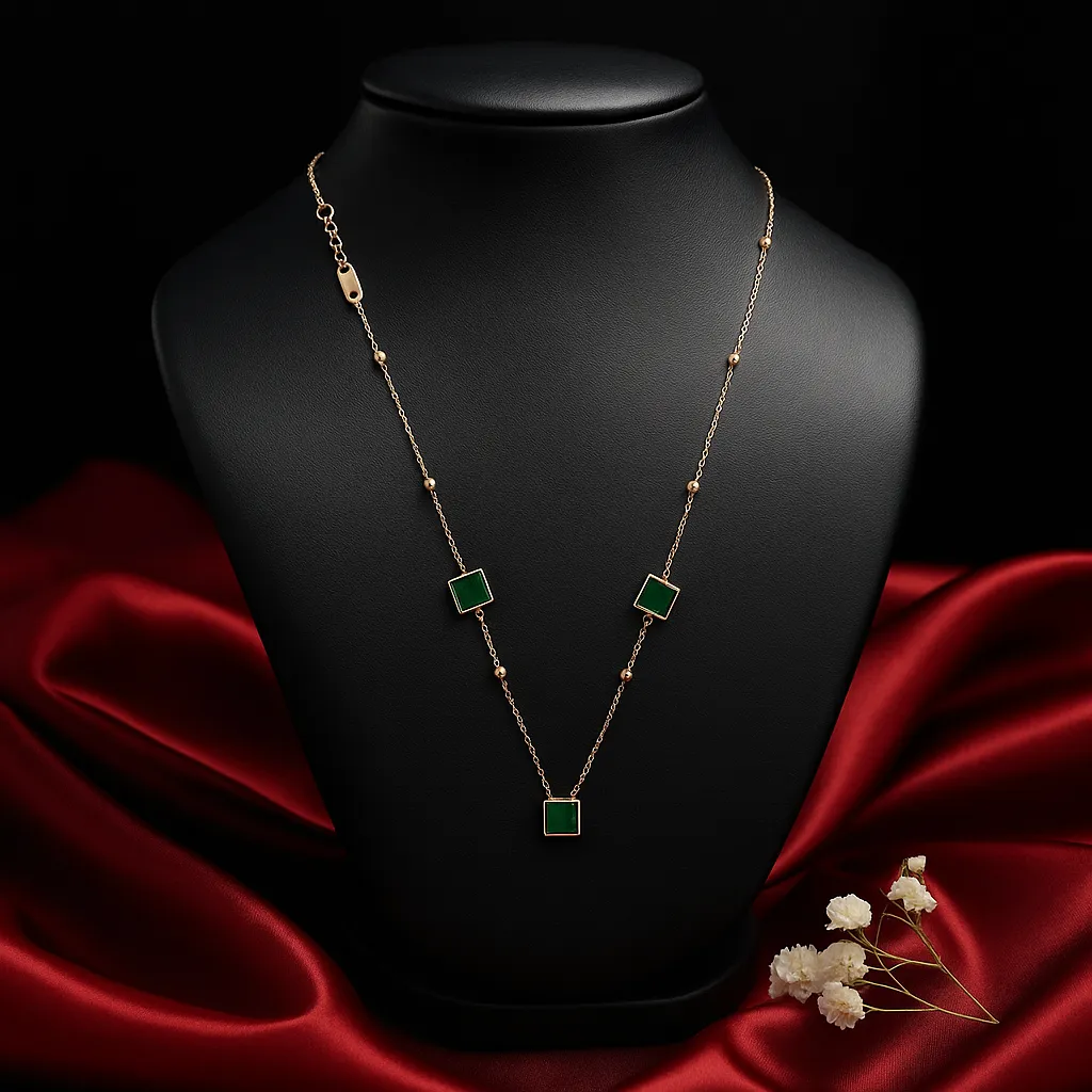 Green Square Charm Long Necklace